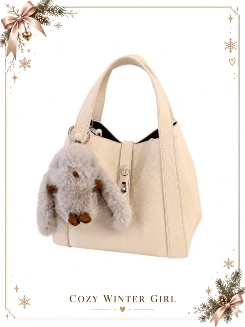 PU Leather Satchel Handbag Set with Zip Pouch & Bunny Charm